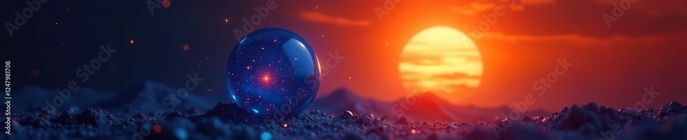 Fototapeta premium Vibrant blue orb, blazing orange sun backdrop, world, cosmic, shadow