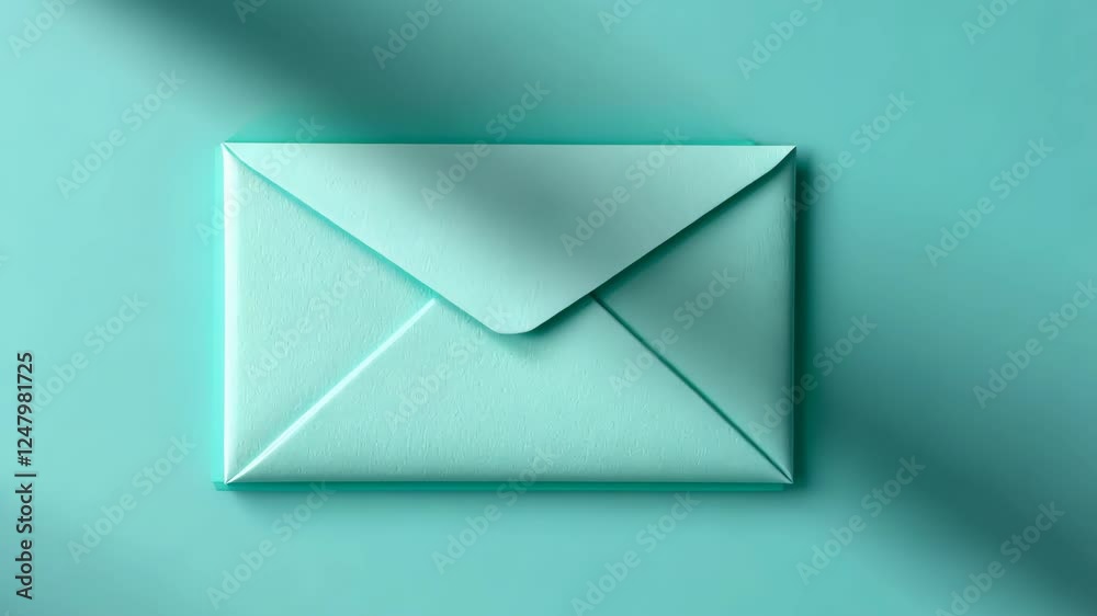 Envelope resting on a turquoise surface with soft shadows highlighting its features in a minimalist setting Envelope resting on a turquoise surface with soft shadows highlighting its features in a minimalist setting