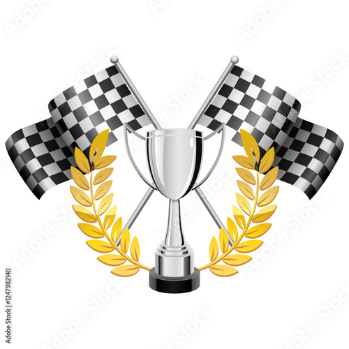 Trophy and Checkered flag racing on white background. Vector illustration.