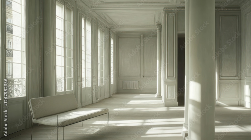 Sunlit empty room with large windows, white walls, and a minimalist bench. Sunlit empty room with large windows, white walls, and a minimalist bench.