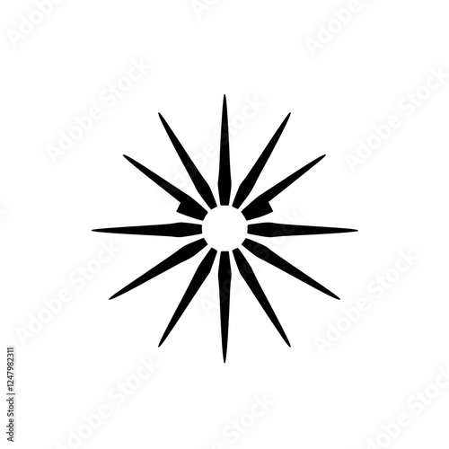 Bold black and white radiant sunburst symbol, minimalist design, geometric graphic on white background.