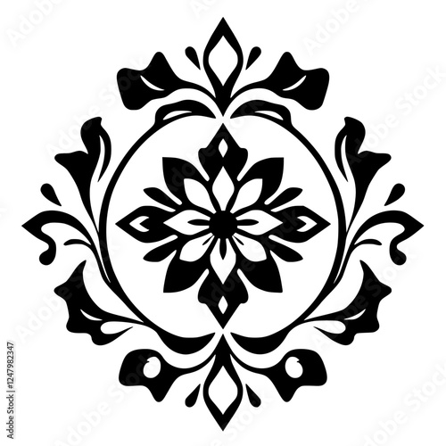 Intricate Black and White Damask Pattern: A symmetrical floral design showcasing a stylized floral emblem, with a central flower and leaf-shaped motif.