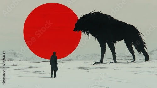 A lone figure faces a menacing wolf-like creature under a crimson sun in a desolate winter landscape An encounter of fate and fear unfolds