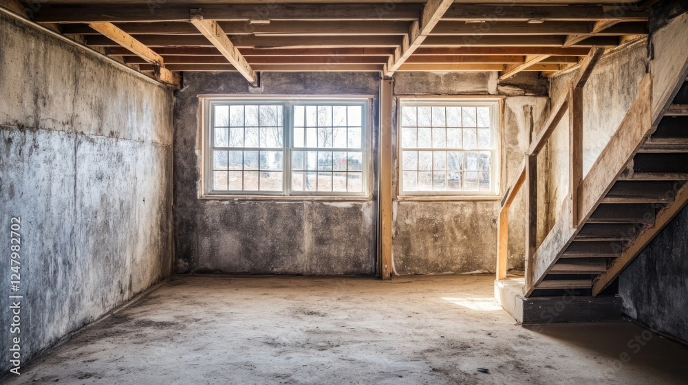 Fototapeta premium Empty unfinished basement room with concrete walls, wooden beams, stairs, and two windows.