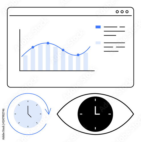 Analytical chart with line graph overlay, rotating clock symbol, and time-focused eye icon representing productivity, time management, analytics, monitoring, goal tracking, and efficiency in abstract