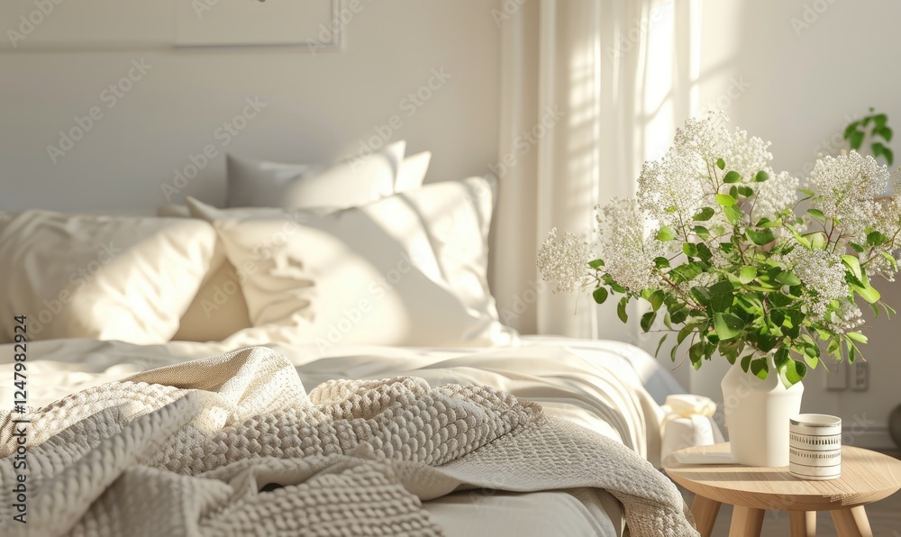 Sunny Bedroom Interior with White Flowers and Beige Knitted Blanket near Flower