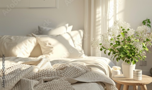 Obraz na płótnie Sunny Bedroom Interior with White Flowers and Beige Knitted Blanket near Flower w salonie
