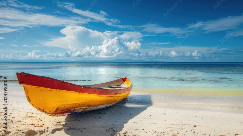A traditional yellow and red boat is sitting on the beach A traditional yellow and red boat is sitting on the beach