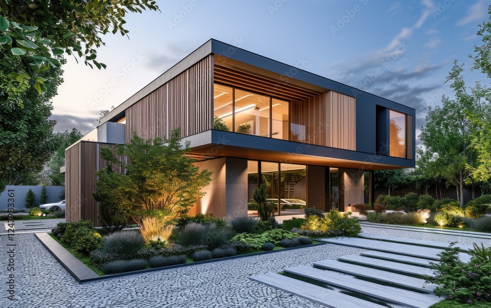 Modern exterior cube architecture house with two story home and a landscaped yard and concrete pathway.