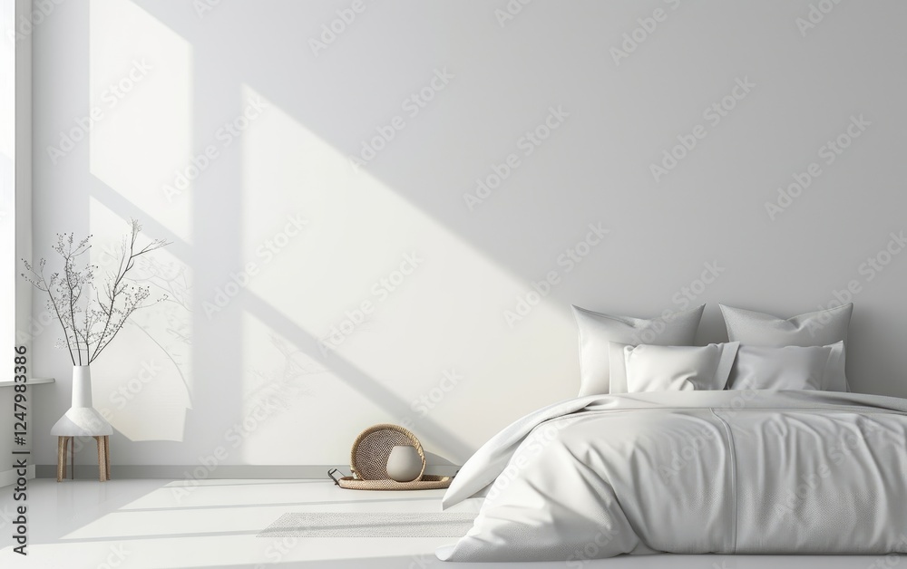 Trendy white bedroom features a neatly made bed, sunlit walls, and simple decor,