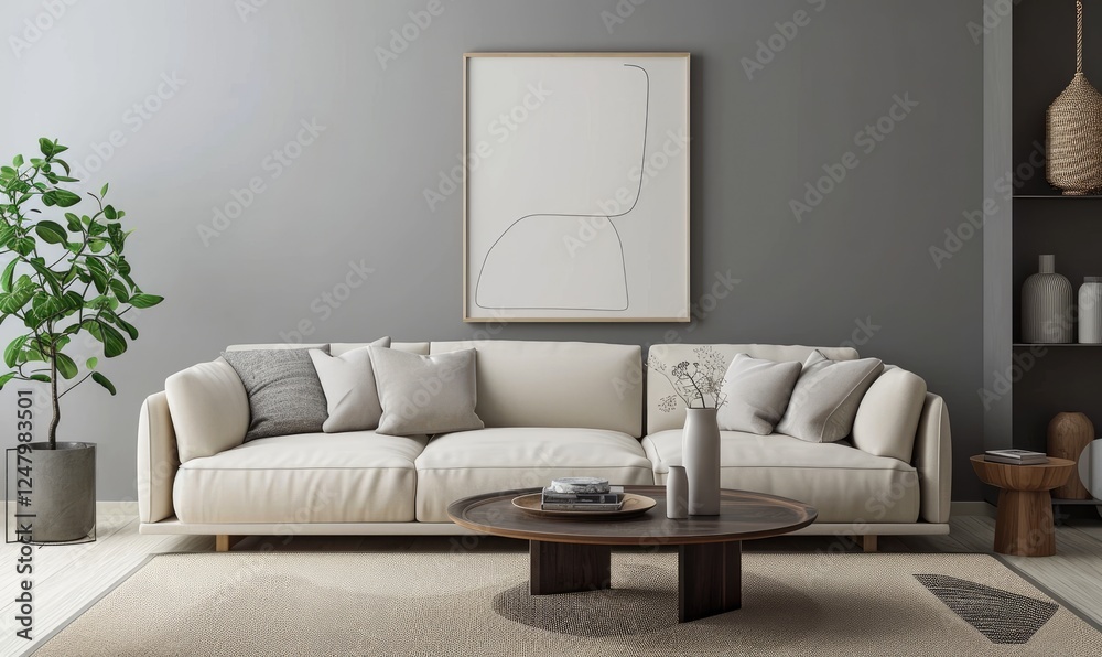 Cozy living area, Light beige sofa and pillows round coffee table near green plant, abstract frame art on grey wall.
