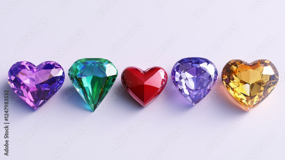 Fototapeta premium Magic gemstones set isolated on background. Vector cartoon illustration of red heart shape stone, golden rock, green emerald, blue crystal, purple amethyst, shimmering particles in air, treasure