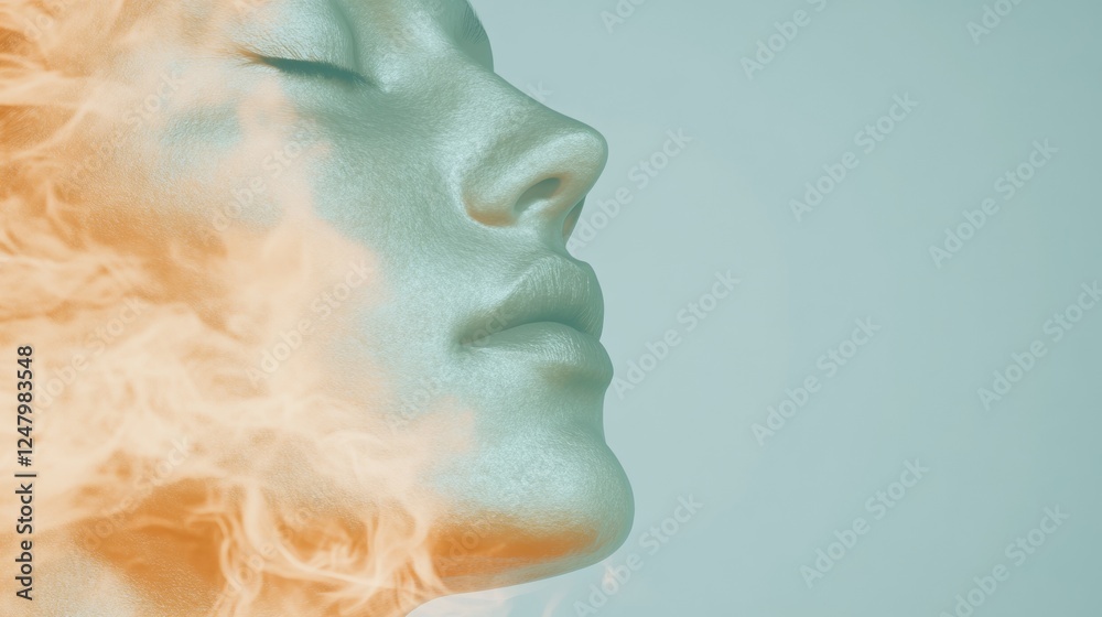 Profile of a serene face with eyes closed partially obscured by hazy warm-toned smoke against a cool-toned background evoking calmness Profile of a serene face with eyes closed partially obscured by hazy warm-toned smoke against a cool-toned background evoking calmness