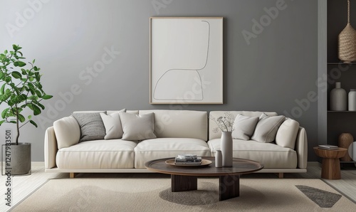 Obraz na płótnie Cozy living area, Light beige sofa and pillows round coffee table near green plant, abstract frame art on grey wall. w salonie