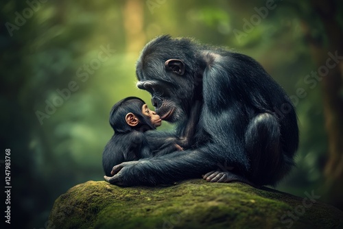 Bonobo mother tenderly cradles her infant on a mossy rock in a lush green forest.