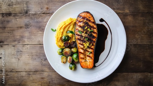 Grilled salmon fillet with squash puree, balsamic glaze, and roasted brussels sprouts on a white plate.
