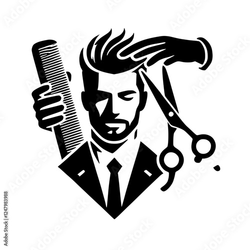 Barber in silhouette haircutting logo with comb and scissors in front of it on a white background.