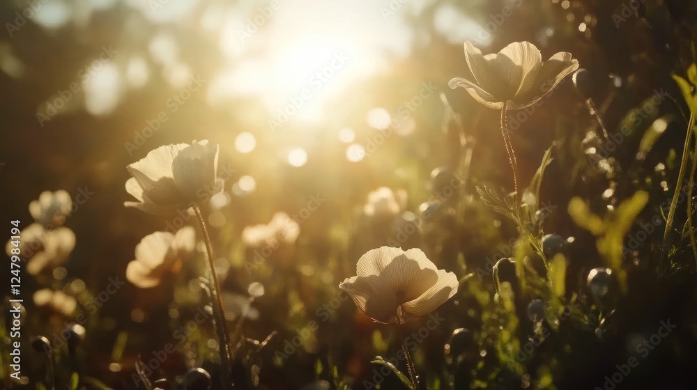 Obraz premium Sunlit field of delicate white wildflowers at sunset.