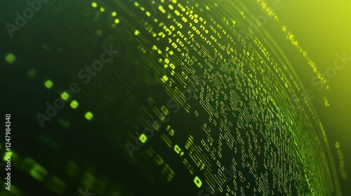 Abstract digital globe with glowing green data streams and binary code.