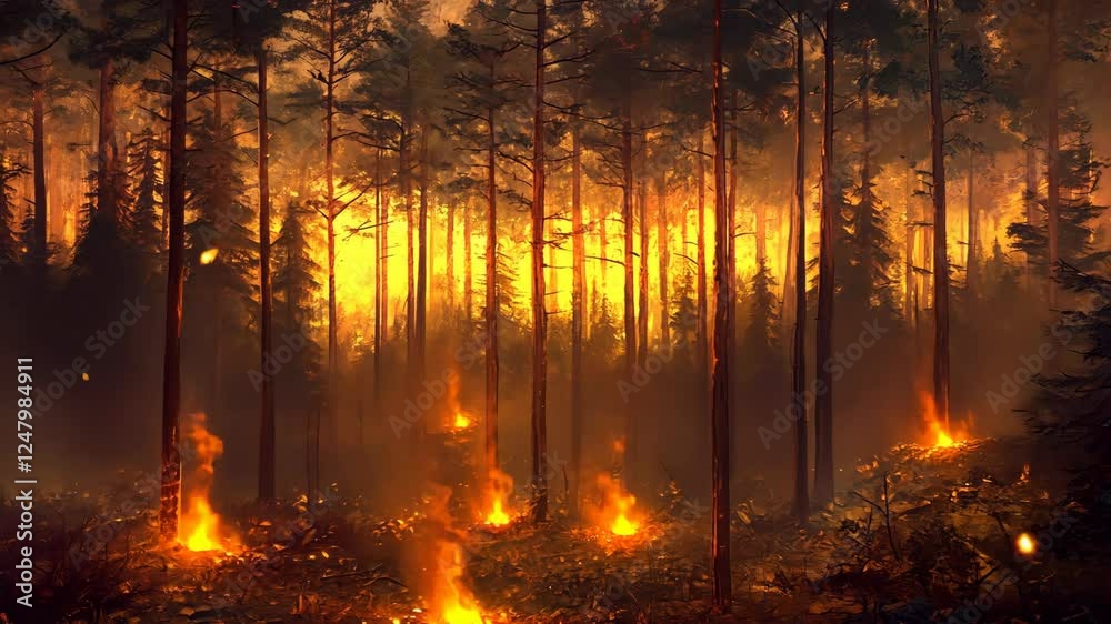 Forest fire illuminates silhouette of trees during twilight Forest fire illuminates silhouette of trees during twilight