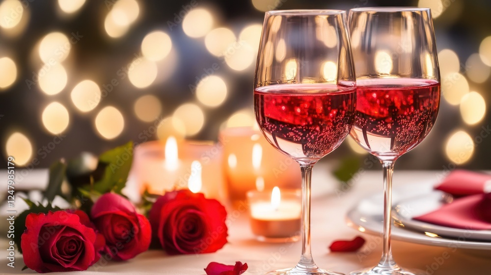 Romantic dinner setting with two glasses of rose wine, red roses, candles, and elegant tableware. Romantic dinner setting with two glasses of rose wine, red roses, candles, and elegant tableware.