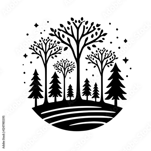 Silhouette: Black and white illustration of trees, bushes, and stars set on a circular platform.