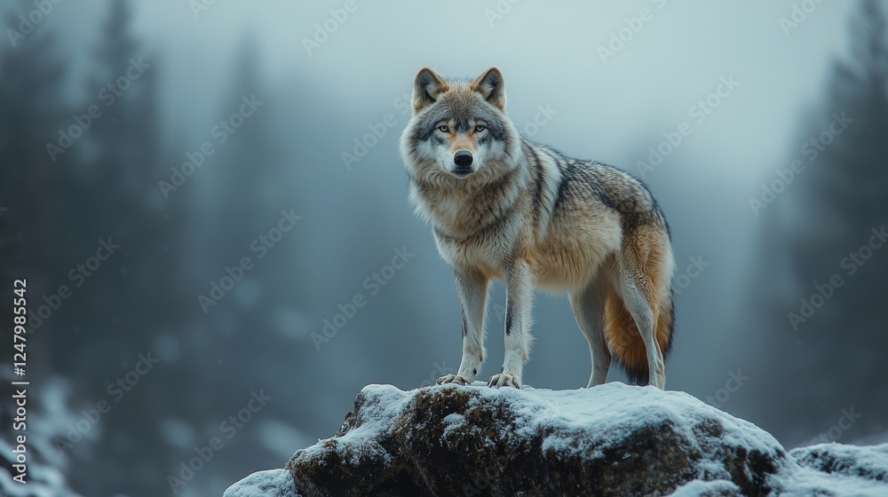 Obraz premium Majestic Wolf Close-Up Standing on Snow in Winter Forest Scene with Copy Space