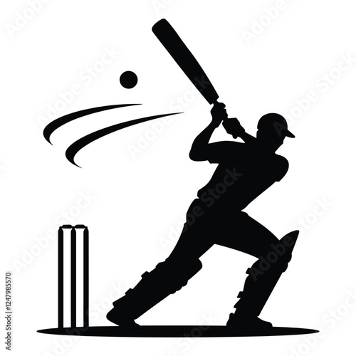 Cricket player silhouette in action pose. Vector illustration of a batsman, bowler, or fielder. Perfect for sports designs, team logos, and tournament graphics.