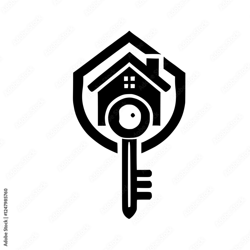 Home security logo, key and house graphic, key, black and white. Home security logo, key and house graphic, key, black and white.
