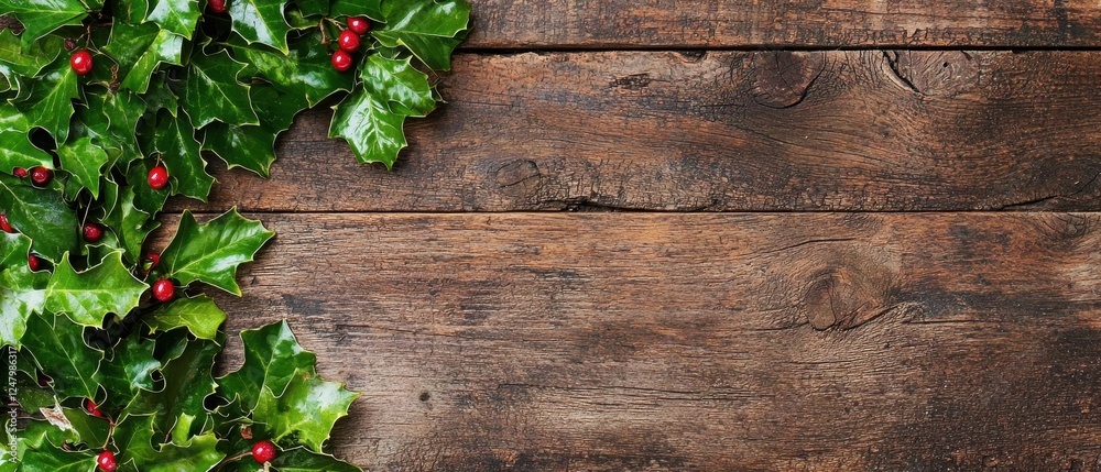 A festive arrangement of holly leaves and berries on rustic wooden planks, evoking a cozy holiday atmosphere. A festive arrangement of holly leaves and berries on rustic wooden planks, evoking a cozy holiday atmosphere.