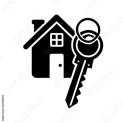 Black silhouette of a house with a key, depicting homeownership and security.