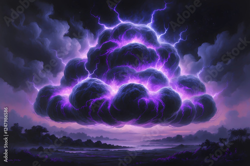 Electrified Black Cloud in a Dark Fantasy Painting with Purple and Lavender Lights, Set Against a Mysterious Misty Landscape photo