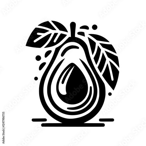 Simplified black-and-white graphic representation of an avocado with leaves and droplets.