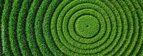 Aerial view of concentric circles formed by vibrant green grass, creating a visually striking pattern in nature.