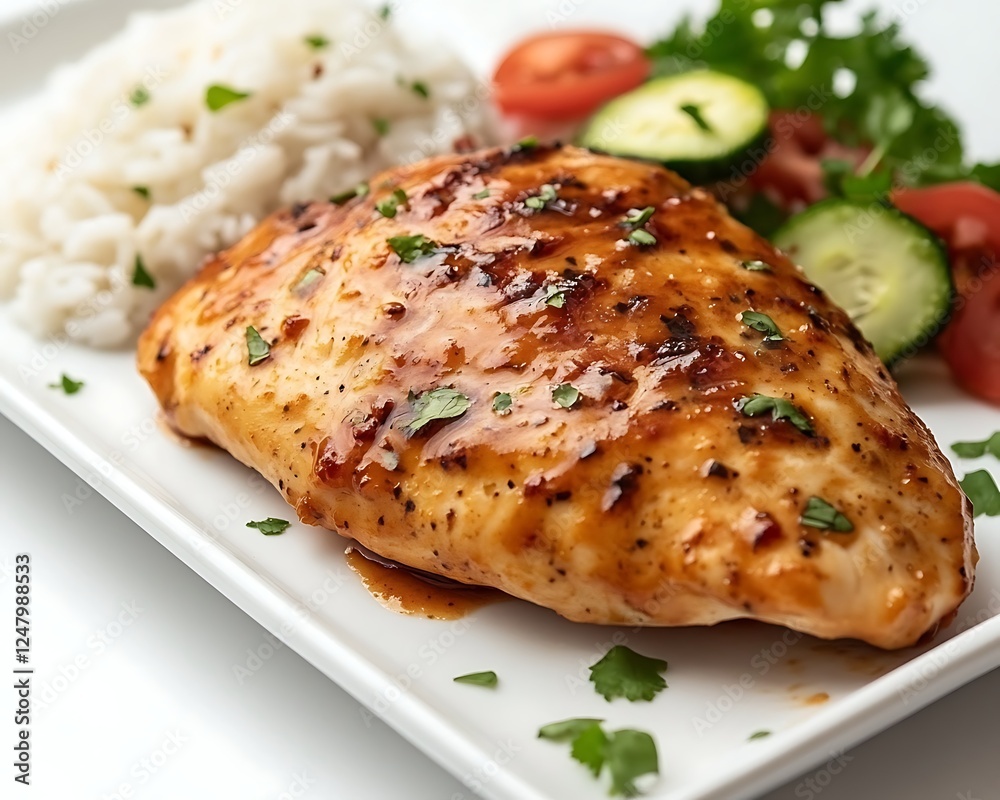 Grilled Chicken Breast with Rice and Salad on Plate Grilled Chicken Breast with Rice and Salad on Plate