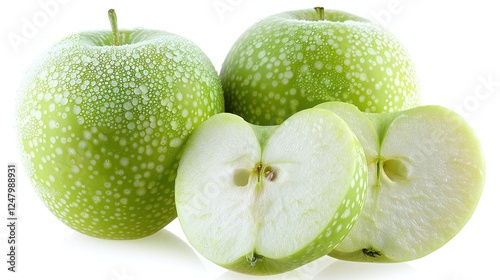 Close up of fresh crisp green apple with water droplets covering the textured skin  Healthy organic produce straight from the orchard photo