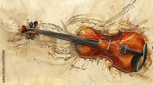 A violin is drawn on a piece of paper with musical notes surrounding it