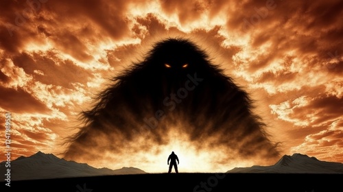 A solitary figure faces a colossal shadowy entity with glowing eyes set against an ominous sky evoking a sense of trepidation and awe