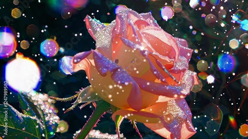 The video captures a dewy rose in vibrant colors with a dreamy, bokeh effect, creating a magical atmosphere. Close-up camera angle.