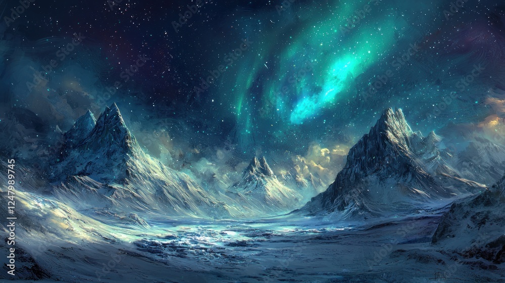 Enchanted Winter Peaks Under Celestial Aurora