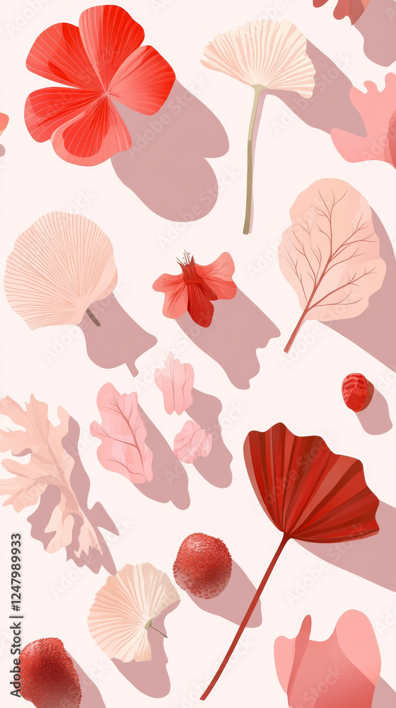 Obraz premium Aesthetic floral pattern with red and pink leaves and flowers