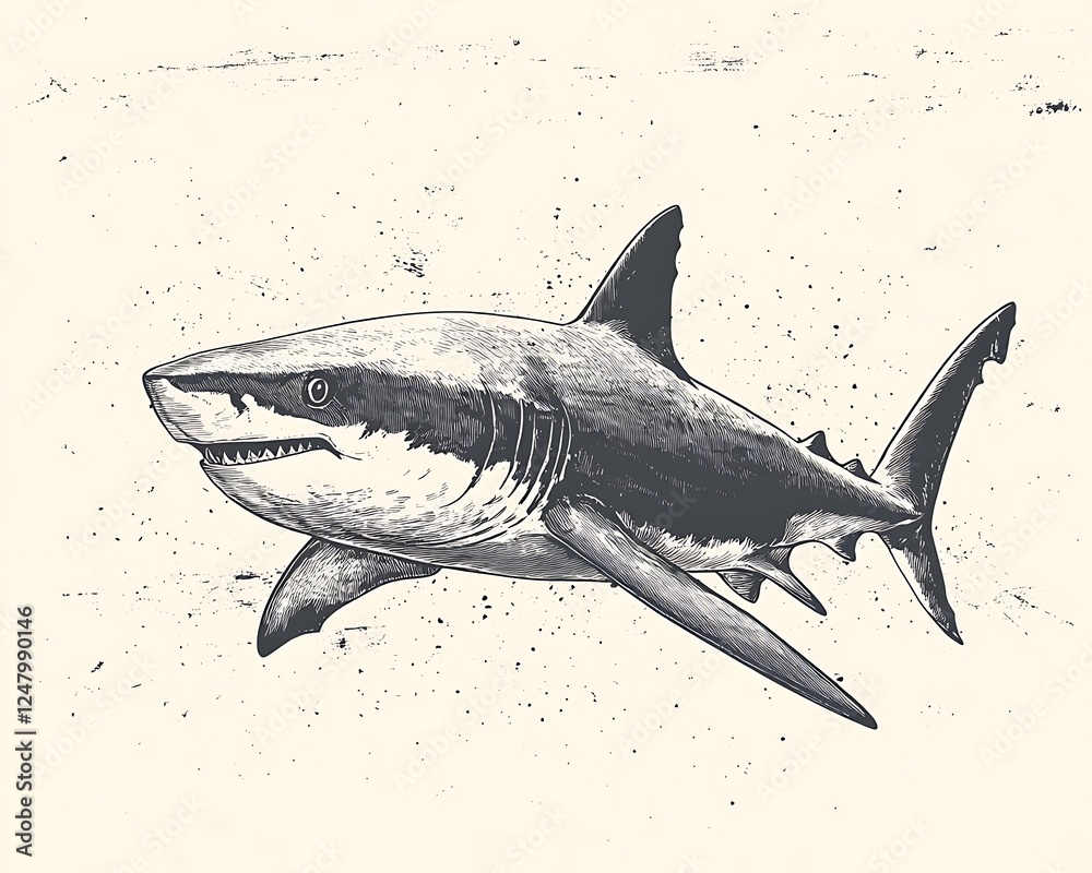 Drawn Great White Shark in Ocean Depths Drawn Great White Shark in Ocean Depths