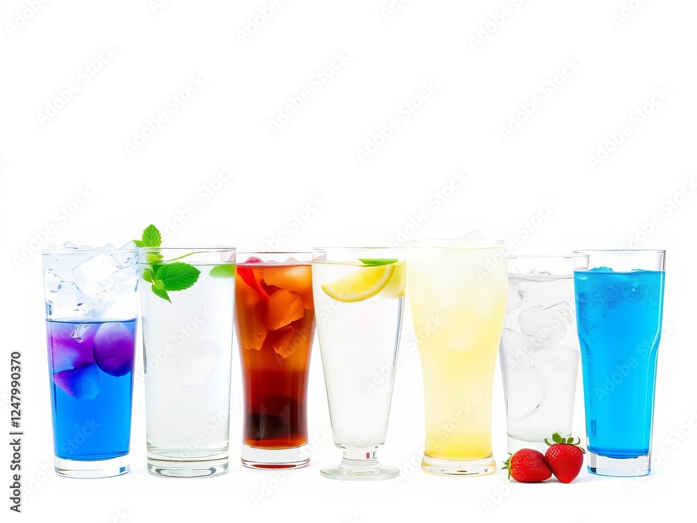 A collection of various glasses being filled with clear, refreshing water isolated on a white background, different, isolated, glass A collection of various glasses being filled with clear, refreshing water isolated on a white background, different, isolated, glass