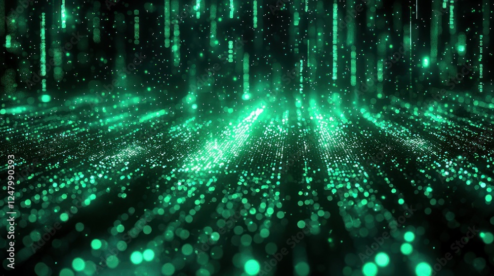Green particle rain, digital backdrop, abstract, futuristic design