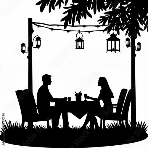 Romantic silhouette dining under lanterns in backyard, evening ambiance