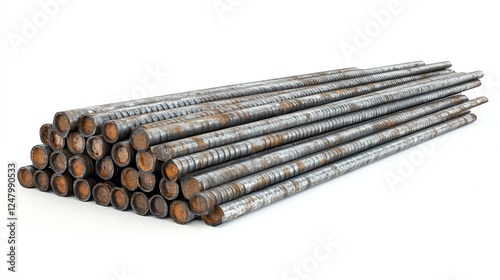 Steel rods stacked neatly, isolated on a white background.