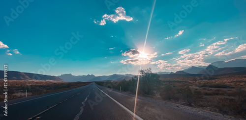 Long Desert Road Going to Red Rock Canyon and Sunray Sky
