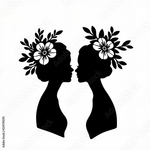 Silhouettes of flower crown women facing each other, floral elegance