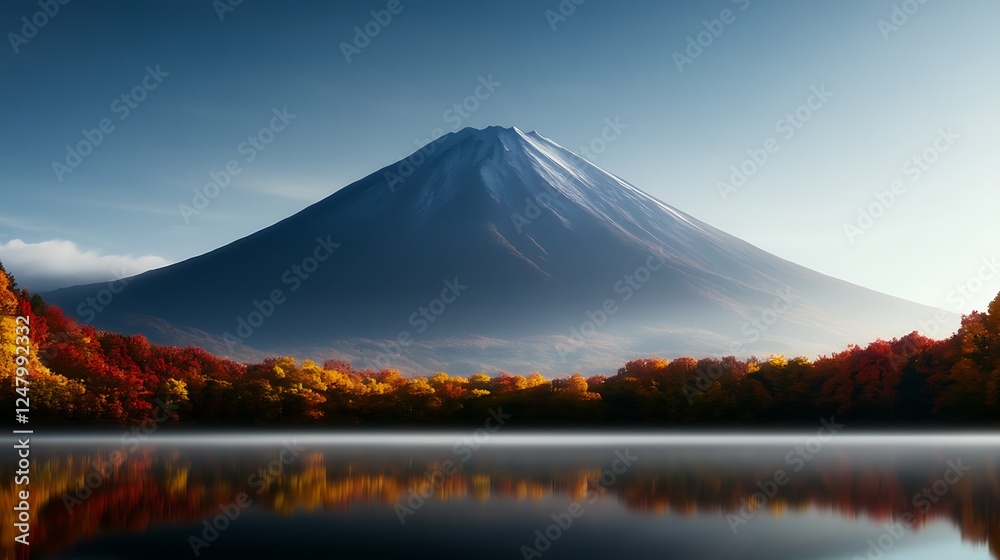 Fototapeta premium Majestic Mount Fuji Surrounded by Vibrant Autumn Foliage Reflecting in Calm Lake