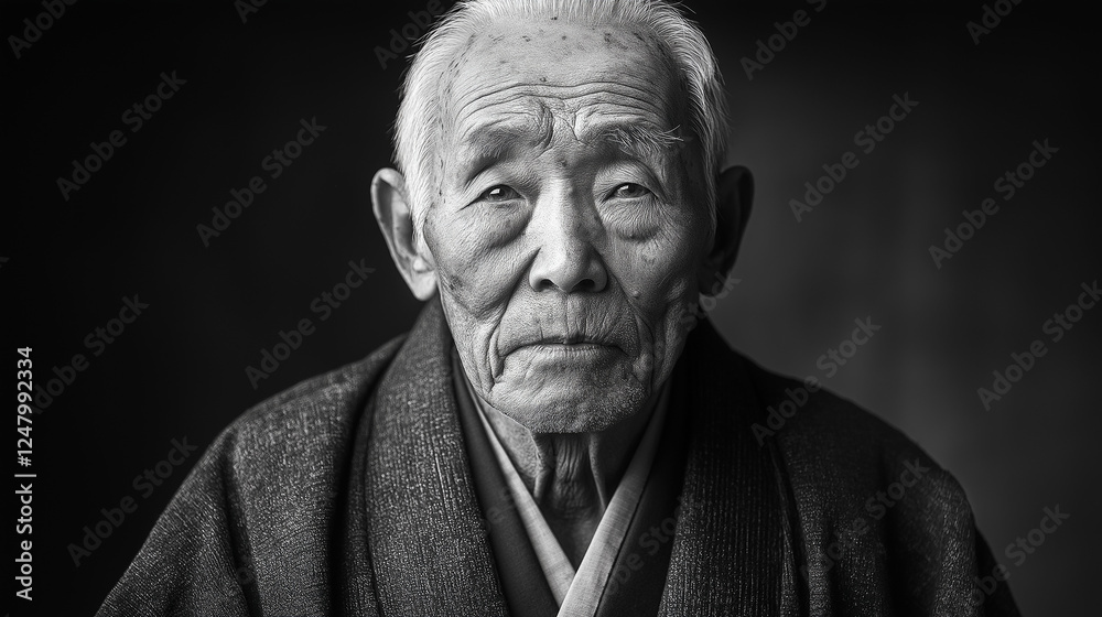 Fototapeta premium A striking black-and-white portrait of an elderly Japanese man wearing a traditional montsuki haori, his weathered face full of wisdom, deep contrast enhancing the details